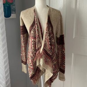 Lucky Brand slouchy long boho open cardigan fringe trim sweater fall winter M